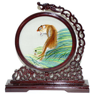 刺绣 灵芝绣庄 高瞻远瞩 湘绣双面绣 纯手工刺绣上山虎 艺术品摆件