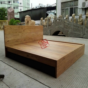 木板床 实木双人平板床 田园简约高脚床 中式硬板床 单人木板床 榆木