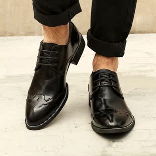 尖头黑皮鞋男秋冬季真皮商务休闲青年英伦透气系带内增高潮男鞋子