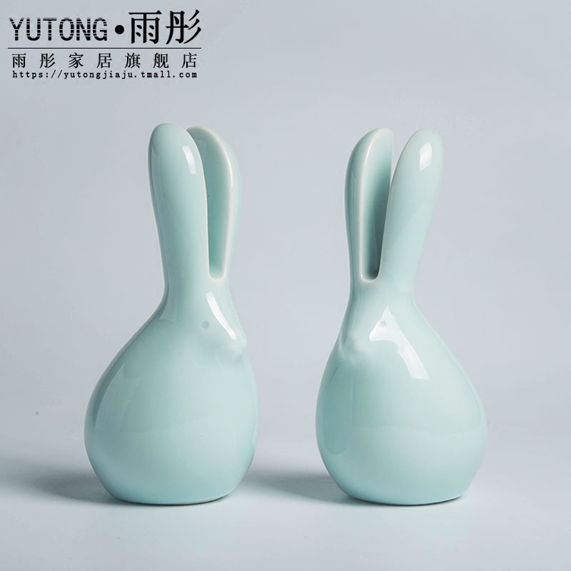 Lovely rabbit contracted the new Chinese style ceramic furnishing articles green glaze rabbit mattress in the sitting room porch decoration crafts and gifts