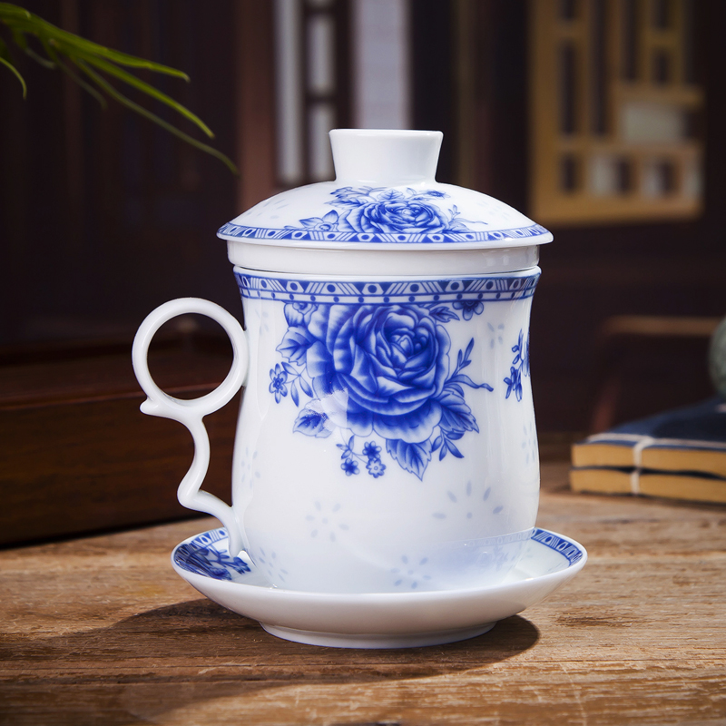 Jingdezhen ceramic cups with cover filter glass tea cup glass flower tea office of blue and white porcelain cup