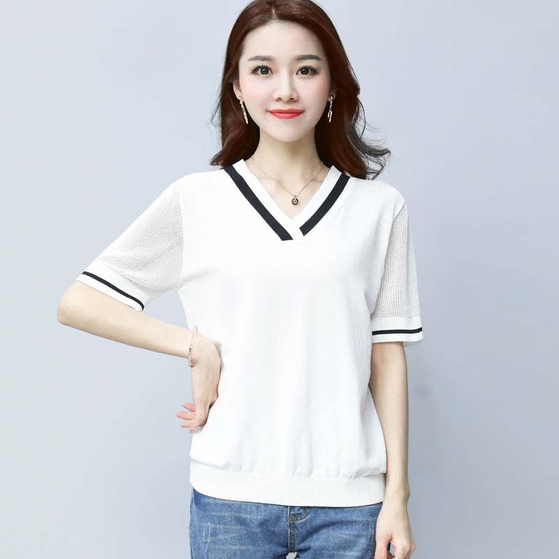 大v领口短袖t恤女短款2017夏季宽松打底衫体恤百搭冰丝半截袖上衣