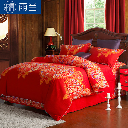 雨兰家纺 婚庆四件套件全棉大红色结婚床上用
