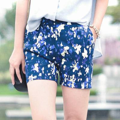 零羽/夏新款女碎花短裤韩国修身显瘦短裤子斜纹弹力牛仔外穿短裤_8折