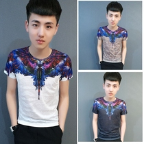 Summer new Ice Silk Short sleeves T-shirt Mens Korean version Trend Old Eagle printed T-shirt Round collar Half sleeve Social People Youth