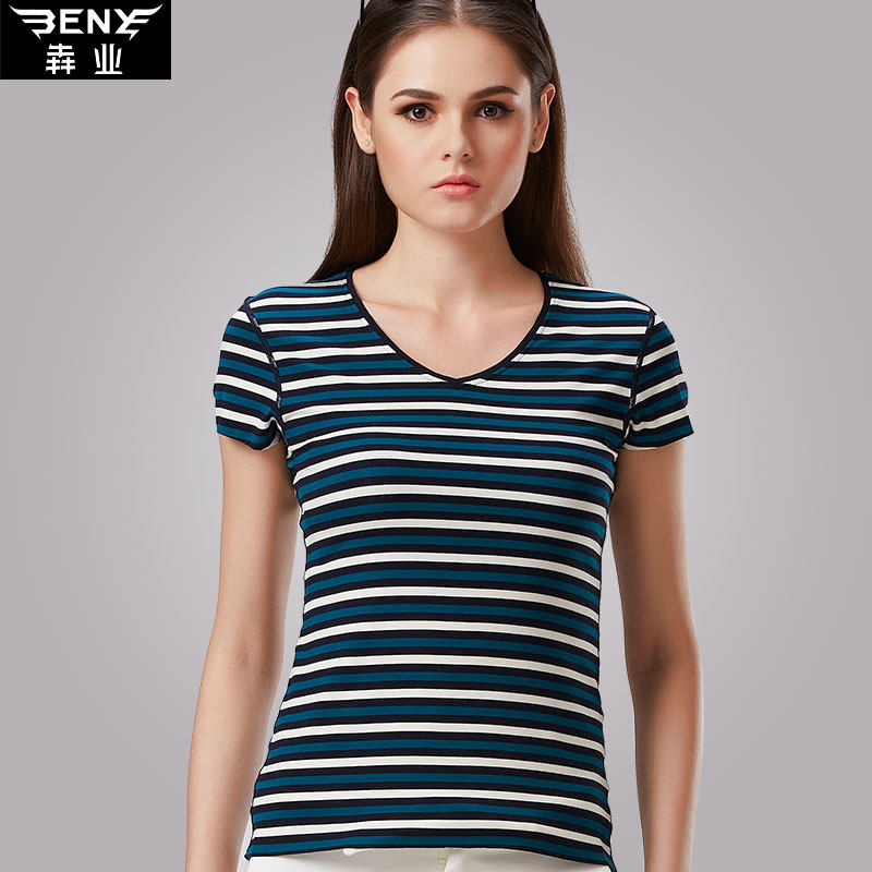犇业女士条纹短袖t恤内衣v领修身冰丝薄款汗衫夏打底海魂衫9257