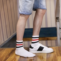Mens Korean mid-tube socks summer thin cotton three-bar striped sports socks fashion trend student white socks