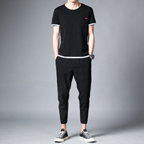 Summer Mens Black ankle-length pants Korean Fashion T-shirt Cotton Round Neck Short t Thin Youth Sports Leisure Set