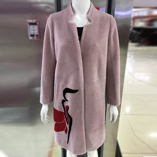 保真正品赛尔金娜s321羊剪绒女装中长款羊毛大衣皮毛一体外套