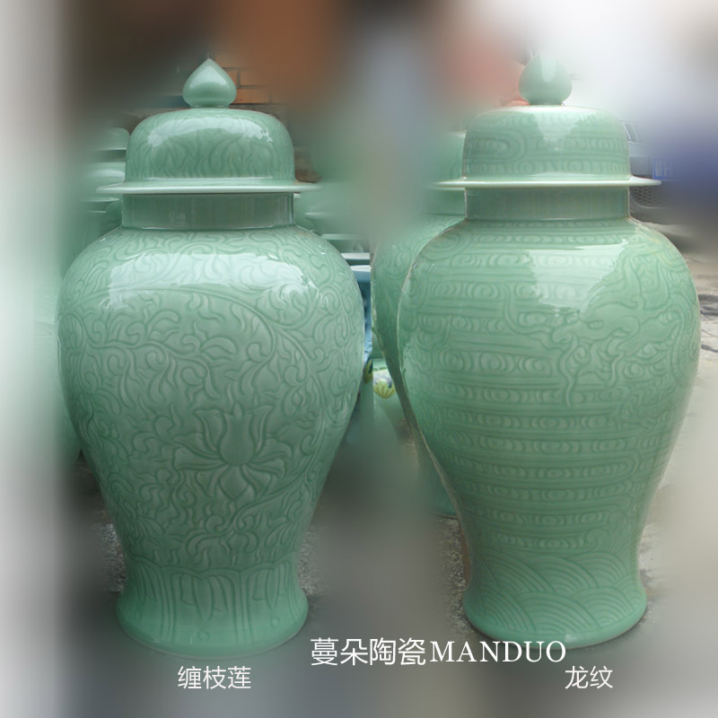 Jingdezhen hand - carved bound branch lotus lines and dragon decoration general pot pea green, pure color general display tank