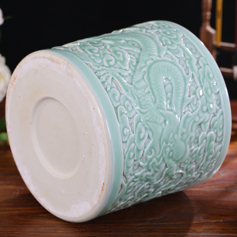 Jingdezhen ceramics engraving blue glaze big brush pot furnishing articles antique calligraphy and painting cylinder receive decorative gift dragon playing bead