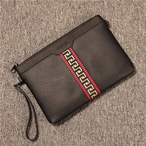 Street trend boys handbag Korean version of the Chinese style striped stitching clutch soft leather casual hand bag hand bag