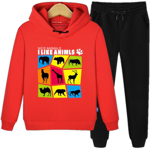 男童套装春装2017新款中大童动物印花连帽卫