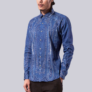 春装king王原创设计男士春装 印花衬衫男 纯棉休闲长袖仿牛仔春秋款