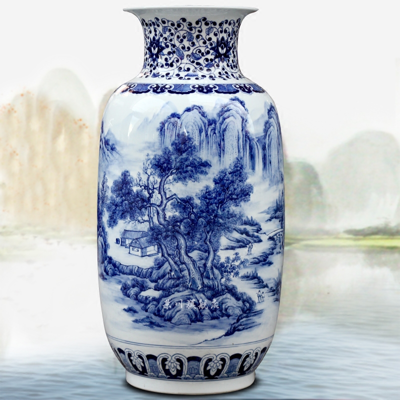 Jingdezhen blue and white porcelain is hand - made scenery khe sanh fishing implicit ceramic floor big vase home sitting room adornment is placed