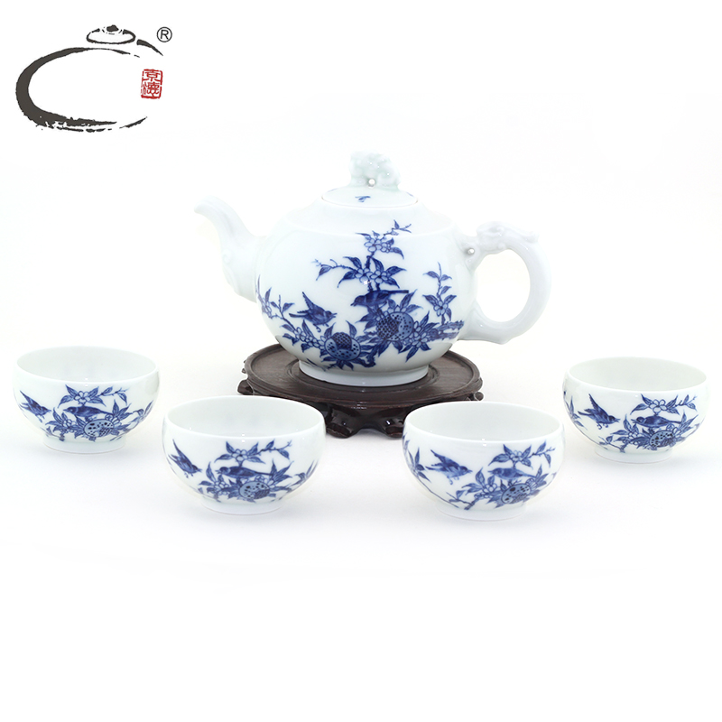 Blue and white, pomegranate and auspicious bird pot set of jingdezhen hand - made ceramic teapot teacup of a complete set of kung fu tea set