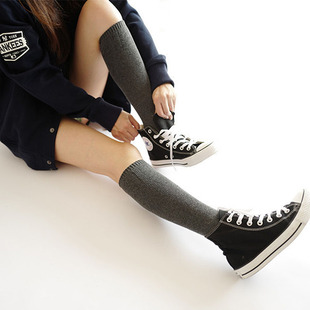 秋冬纯棉韩国粗线及膝袜纯色黑白灰袜子日系堆堆堆高筒女袜