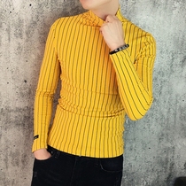 Winter trend guy slim high neck plus velvet long sleeve T-shirt men Korean fashion stripe thick base shirt