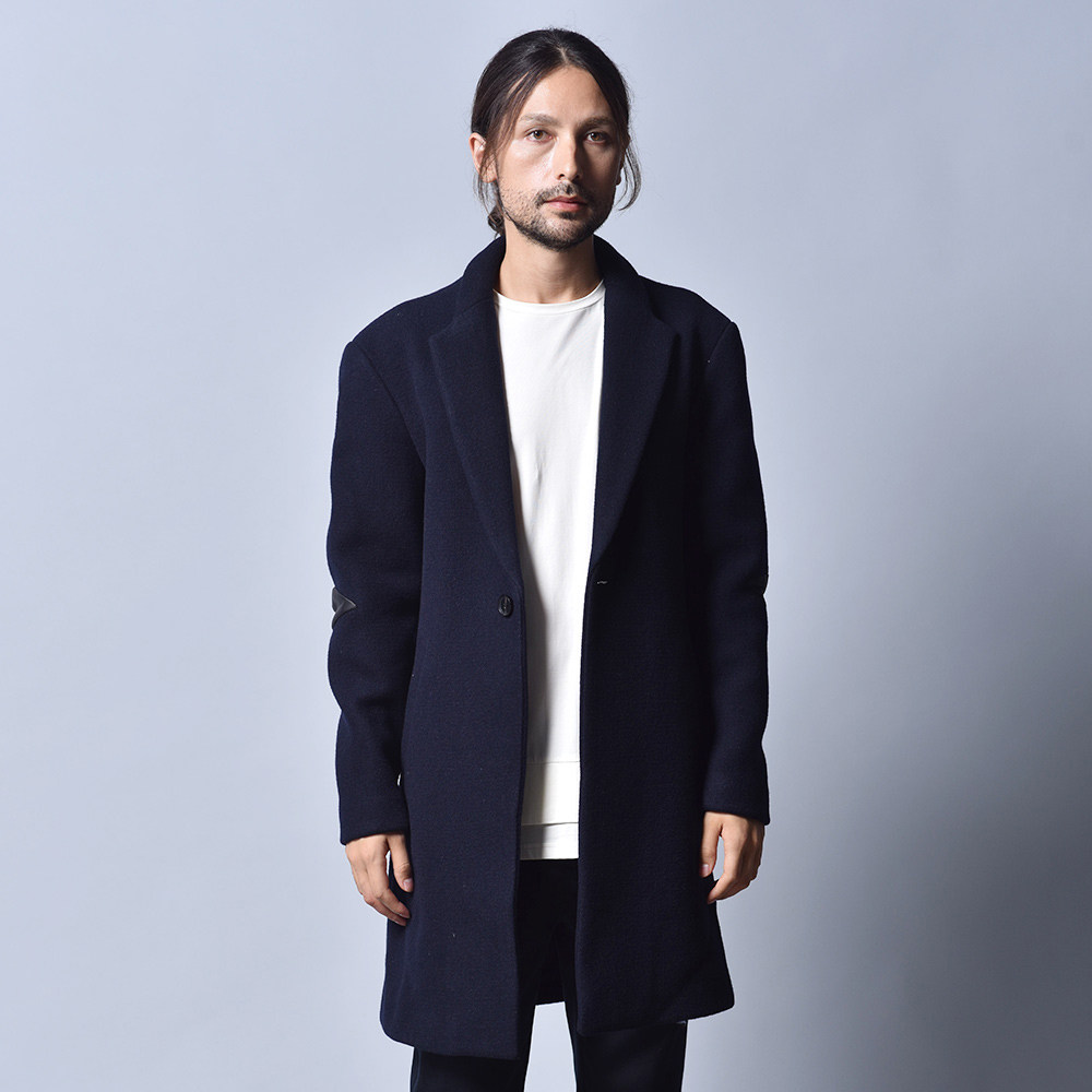 zuee男士羊毛长大衣 日系复古时尚拼皮呢大衣 长款外套z155l0301