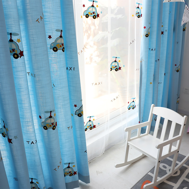 越帛儿童卡通蓝色窗帘飞行小汽车