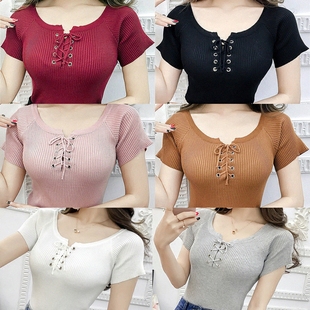 显胸大绑带系带短款露脐高腰针织衫短袖t恤纯色镂空性感紧身弹力