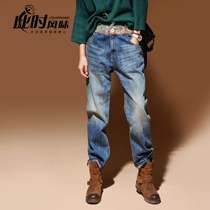 This flavor Japanese retro BF wind Harlan jeans women high waist stitching boots loose pants autumn and winter