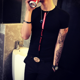 t恤 社会短袖t恤男硬汉风格夜店潮男半袖t恤圆领修身棉 快手精神小伙