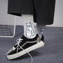 South Korea Ulzzang Original Juku Black & White Middle Finger Kitty Cat Cartoon Cotton Short Socks Male And Female Couple Tide Card Skids Long Socks