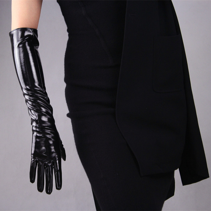 长款漆皮手套 仿真皮50cm过肘亮黑色精工内衬法式哥特摇滚cosplay