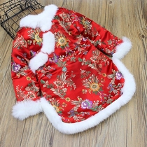 Hundred days New Year girl baby National festive satin printing Tang suit rabbit fur collar cheongsam treasure clothing year old