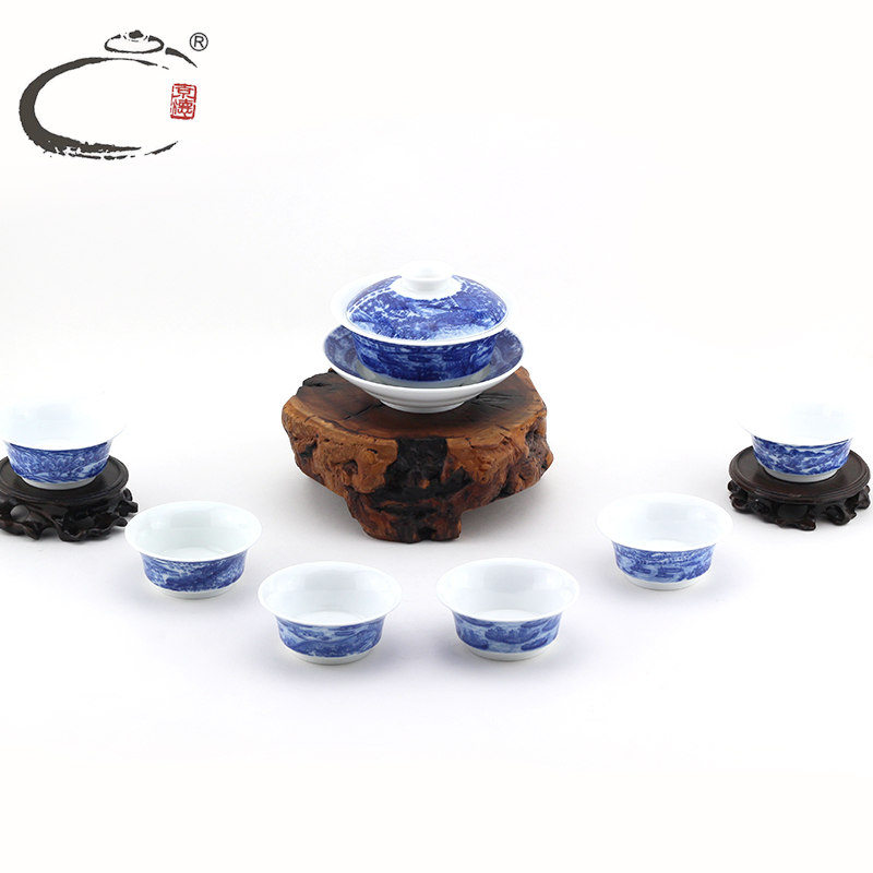 And auspicious figure collection level set of blue And white porcelain tea set kangxi southern medium bowl set of kung fu tea set