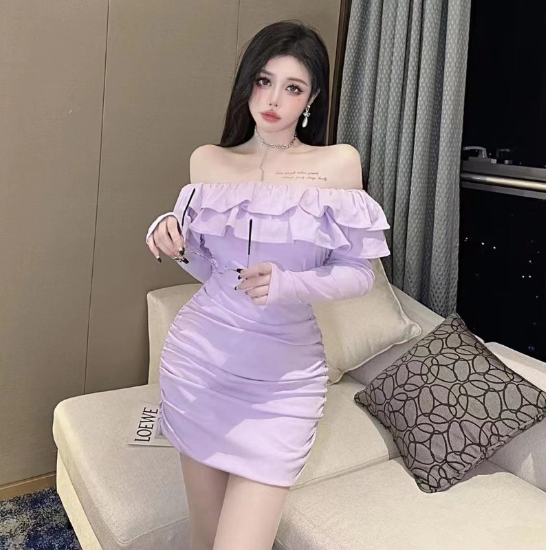 Lined with long sleeves for women autumn and winter new lotus leaf lace with sweet and beautiful temperament collection waist display slim wrap hip short skirt-Taobao