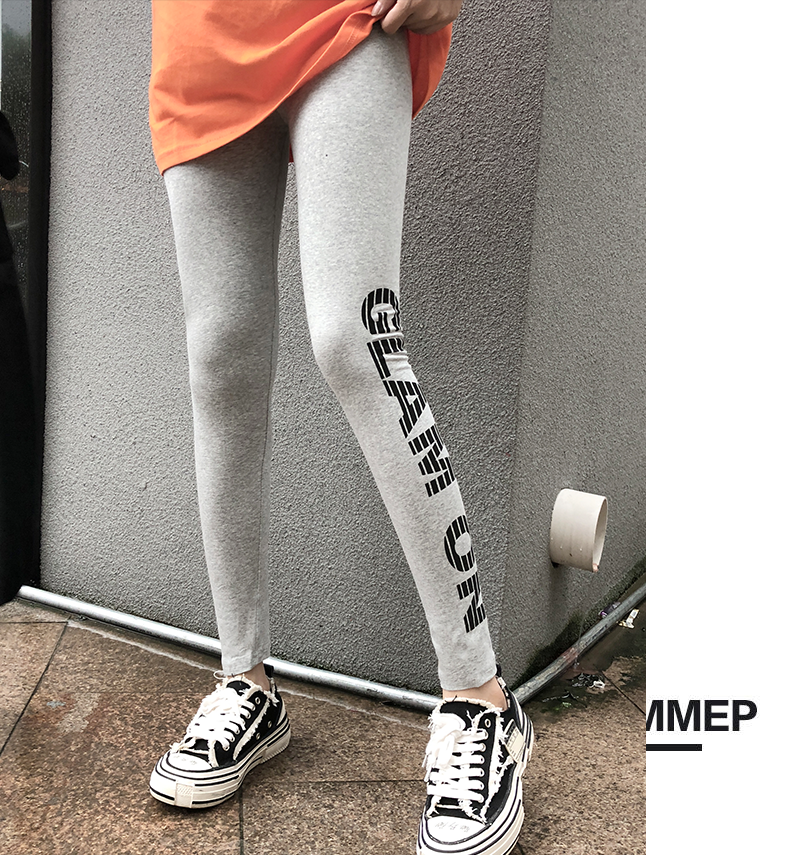打底裤女外穿薄款裤子2019新款字母秋裤纯棉九分大码灰色显瘦春秋