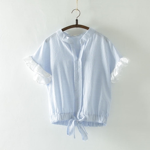 夏天寸衫女花边袖甜美日系小清新泡泡布纯棉清爽条纹衬衫女上衣