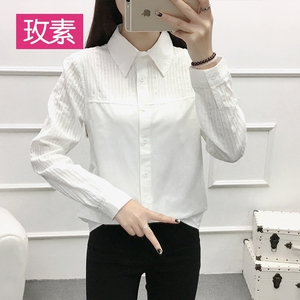 纯棉白色衬衫女长袖拼接春秋季新款宽松韩范polo领百搭学生衬衣女