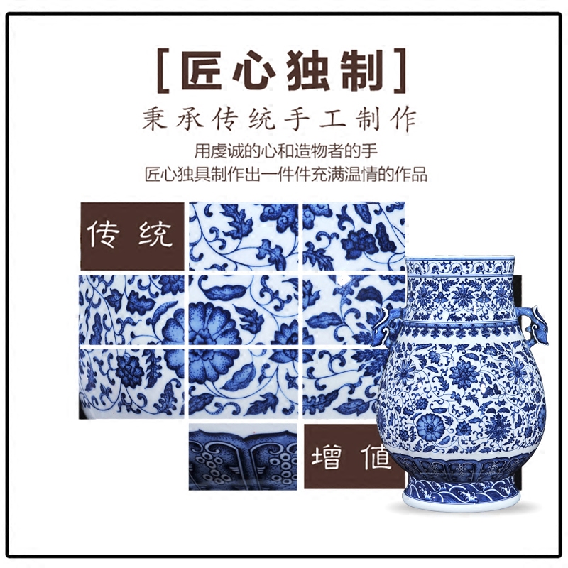 Jingdezhen ceramics vase of blue and white porcelain imitation the qing qianlong ears dragon statute of new Chinese style living room decoration