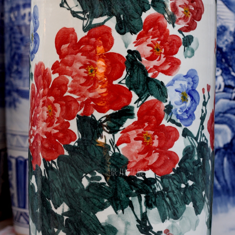 Hand - made color peony blooming flowers sitting room of large vases carved porcelain of jingdezhen ceramics quiver