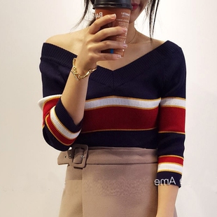 ame2016秋季女装韩版七分袖v领上衣冰丝条纹针织衫女套头打底修身