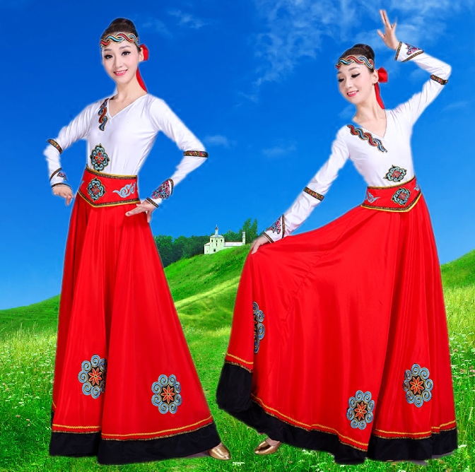 Customize Xinjiang Dance Exercise Pendulum Yi Ethnic Group Tibetan Practice Skirt Performance Dress half body dress Long dress with large hem skirt