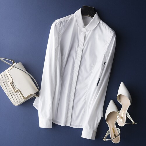 精致有型俏皮小圆领显瘦微弹高支丝光棉长袖衬衫女上衣_7折现价178元