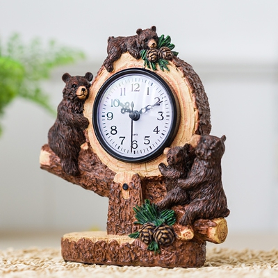 现代简约个性台钟客厅时尚创意时钟钟表卧室静音熊一家座钟摆件