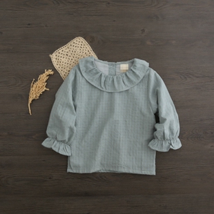 暗格16秋季新韩国童装女童暗格柔软花边翻领娃娃衫 古绿