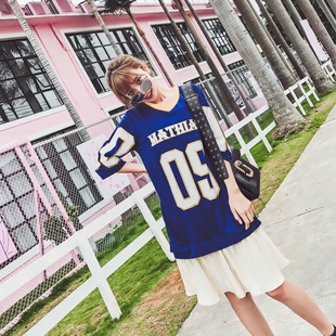 棒球裙女夏宽松bf风拼接雪纺韩版中长款短袖t恤裙韩版个性连衣裙