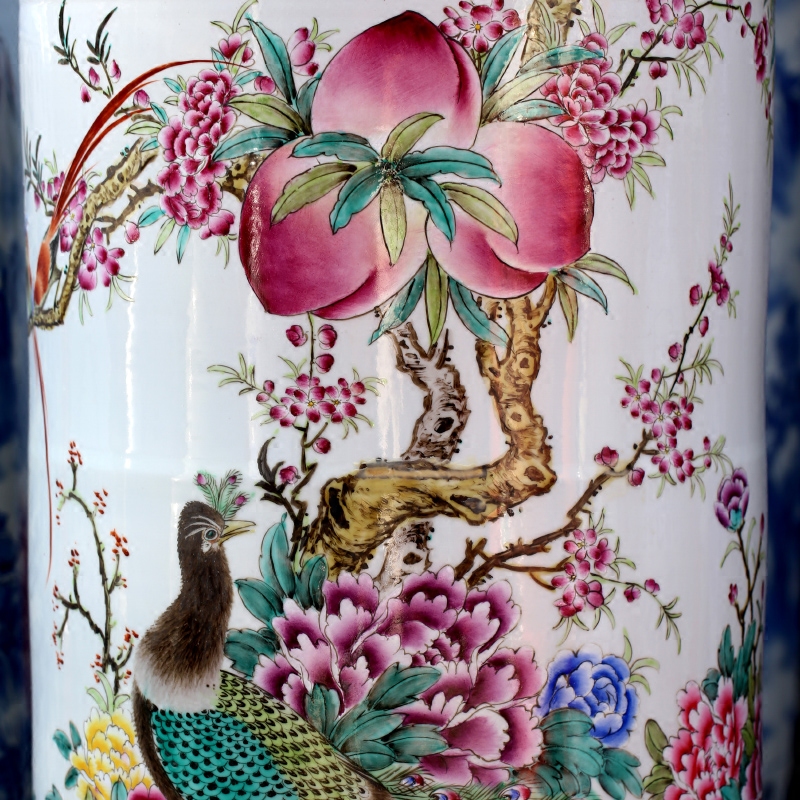 Hand - made peacock peony figure quiver jingdezhen ceramic famille rose porcelain vase of large stores decoration shop furnishing articles