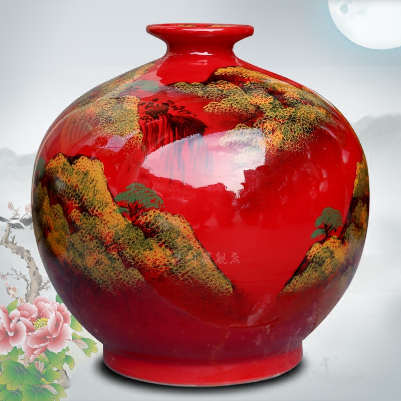 Jingdezhen ceramic hand - made landscape painting Chinese red vase sitting room office mesa study gourd place adorn article