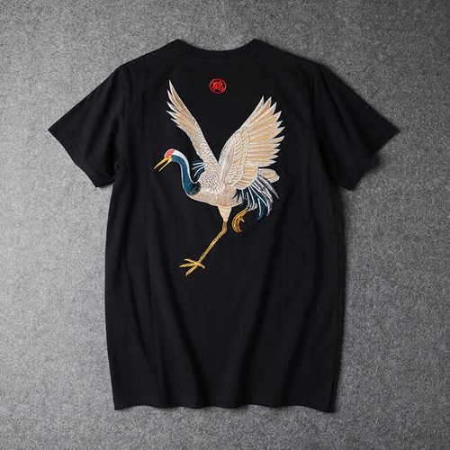 中国风仙鹤刺绣复古情侣t恤 青少年个性潮牌圆领短袖民族风夏装_7折
