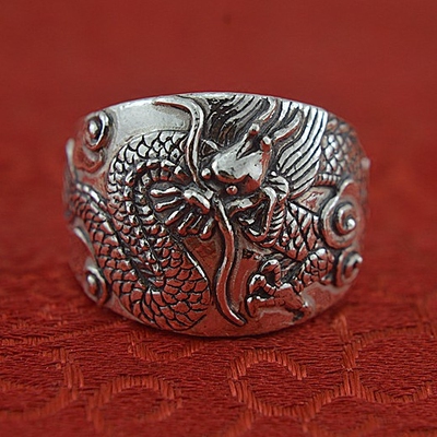 凯旺珠宝 复古手工999纯银戒指男士霸气龙戒指足银指环宽戒生肖龙