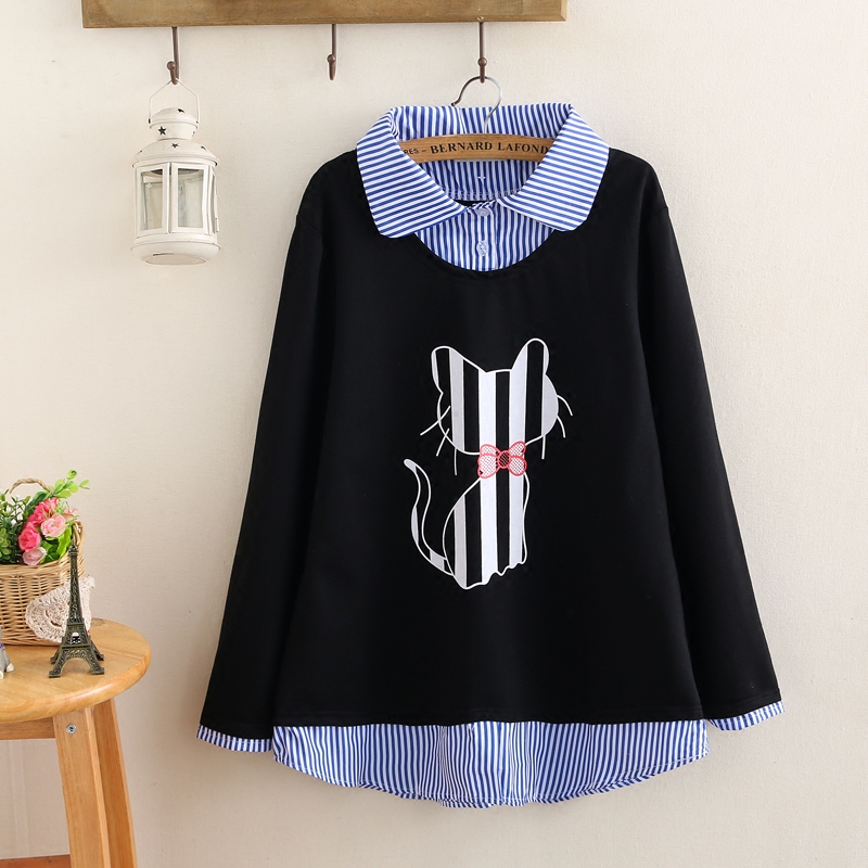 200 catty mm Autumn loaded with new fake two blouse women's medium long version Gats up the code striped printed blouses