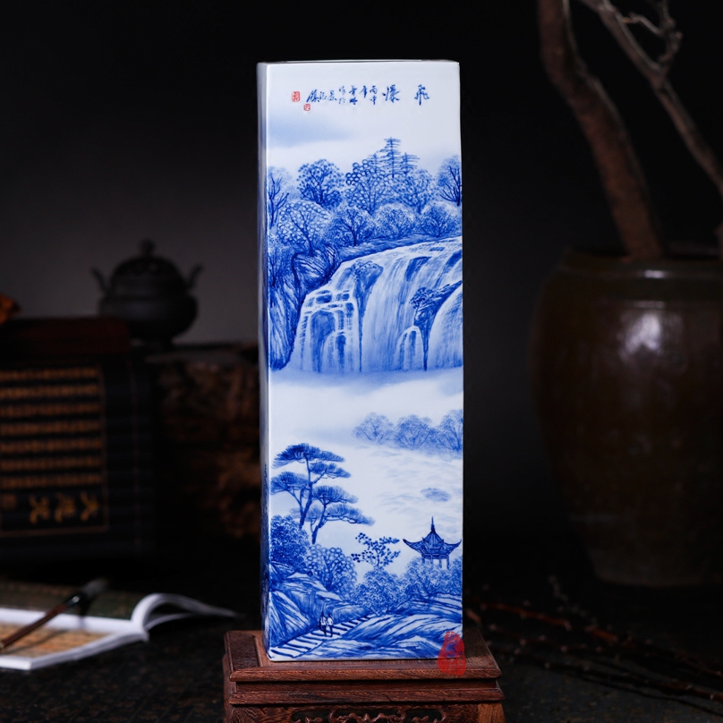 Jingdezhen ceramics hand - made waterfall landscape painting and calligraphy master cylinder quiver large vases, study of office furnishing articles