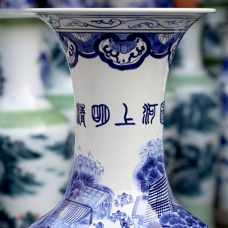 Hand draw qingming scroll goddess of mercy bottle porcelain of jingdezhen ceramics of large blue and white porcelain vase sitting room big furnishing articles